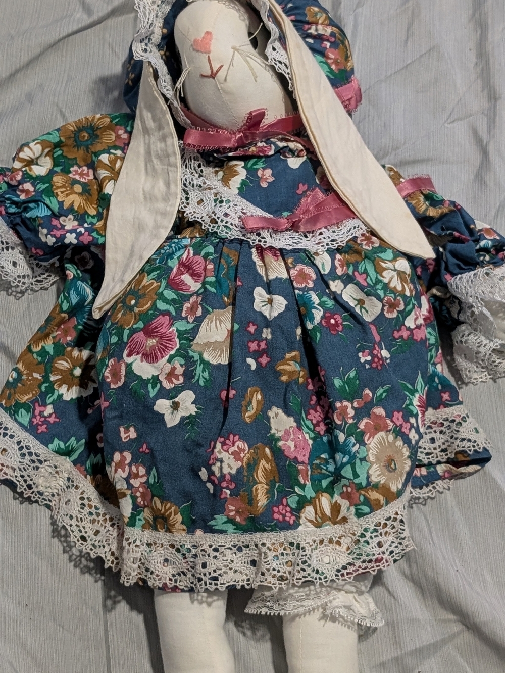 Handmade Floral Bunny Rag Doll Plush - Blue & Pink